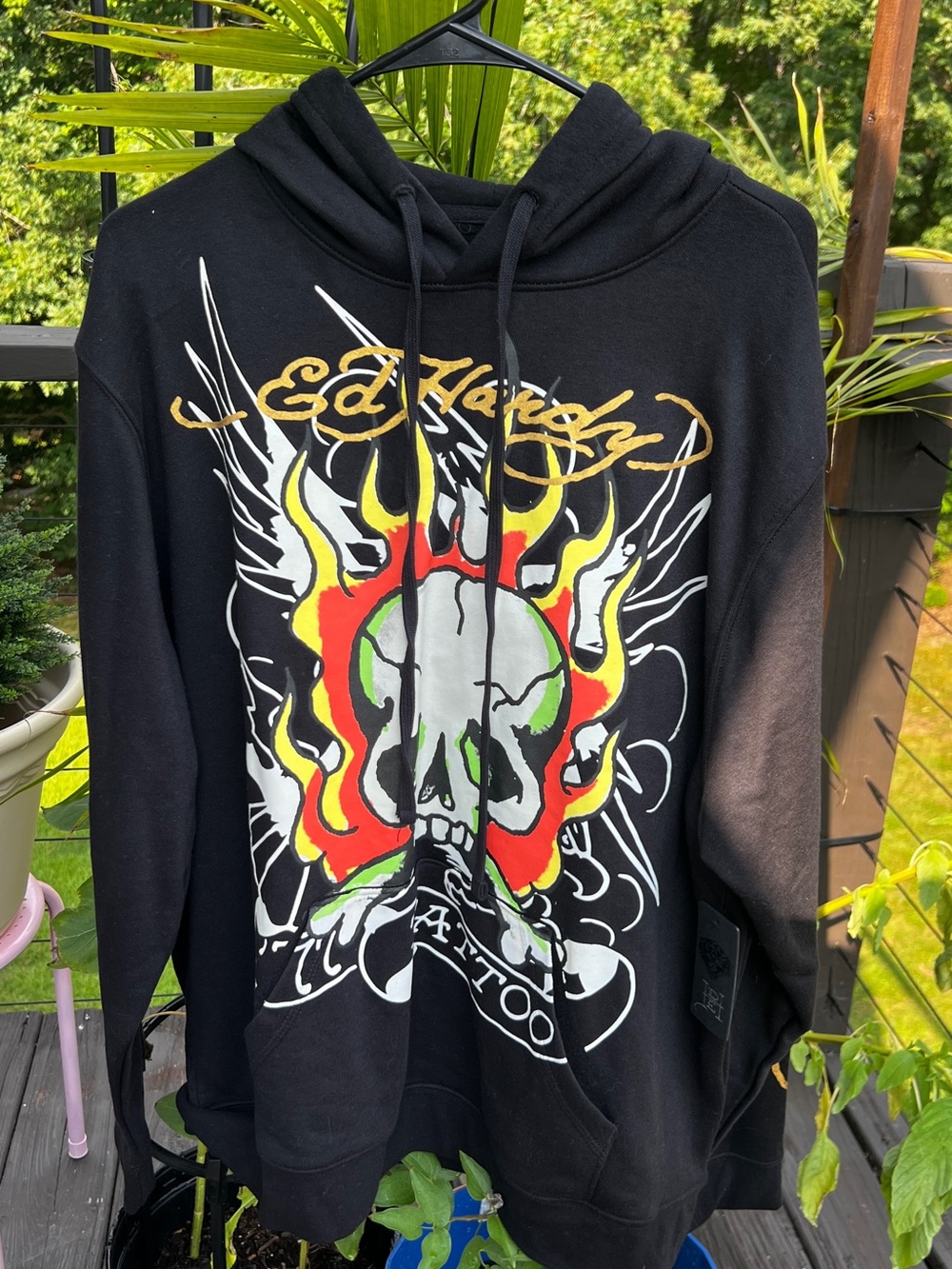 Ed Hardy Style Black Graphic Skull Hoodie Gold Sleeve Print NWT XL